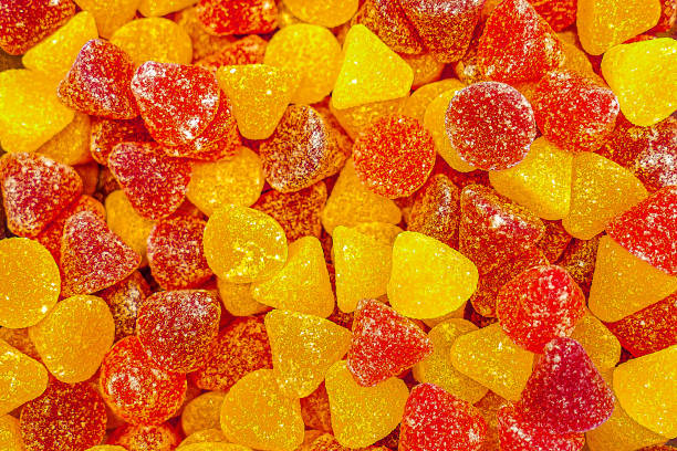 Assorted colorful gummy jelly candies. Top view. Jelly sweets.