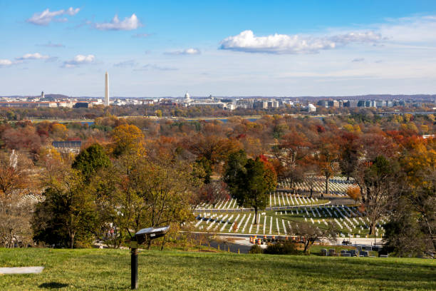 Panoramic view of Arlington National Cemetery and Washington DC skyline from Arlington House.