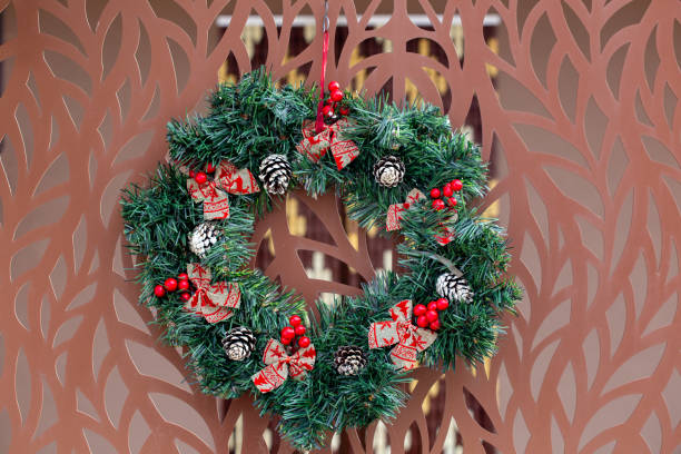 Christmas wreath on a door.  Abstract Background. Space for text
