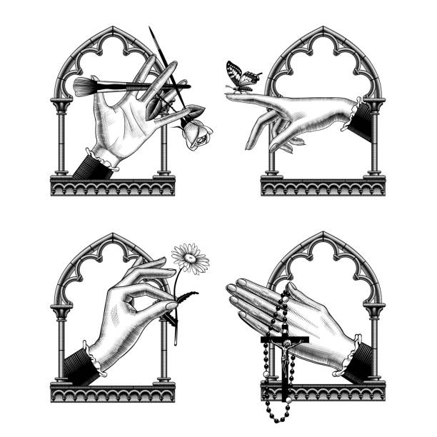 A set of icons of women's hands in a gothic frame with rosaries with a cross, cosmetics, a flower and a butterfly on the index finger. Vector illustration in vintage engraving style