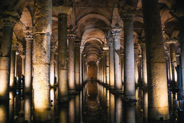 Basilica cistern reflecting on water surface at night in istanbul