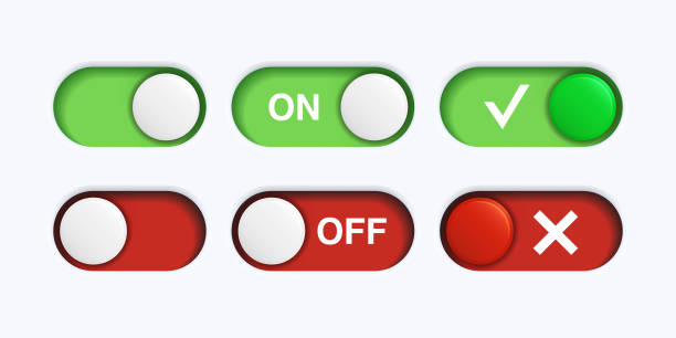 stockillustraties, clipart, cartoons en iconen met on and off toggle switch buttons with lettering, tick and cross. green and red ui mockup on white background. vector graphic design template - in en uitschakelen