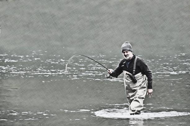 Older, attractive Caucasian man fishing, holding a fishing rod, wearing waders and standing in a river.  Fishing rod is bent with a fish on the hook. Image is photo , made to look like an illustration