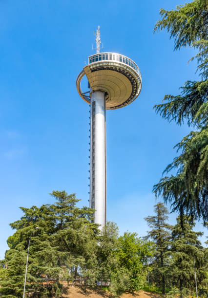 Madrid, Spain, September 23, 2016:The Moncloa's Lighthouse transmission tower with an observation deck at the  Plaza Moncloa. It was envisioned by architect Salvador Pérez Arroyo and was built in 1992.