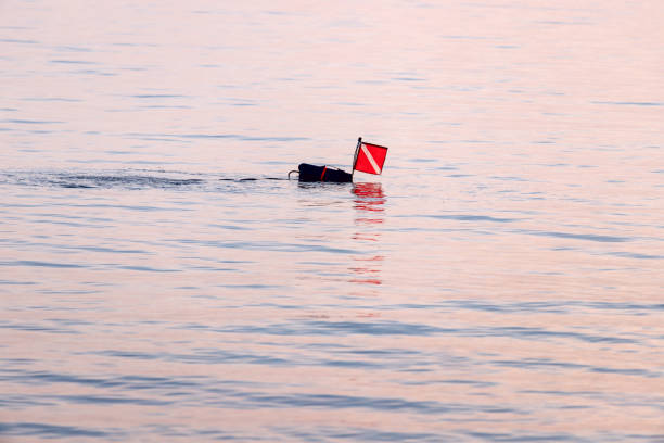 dive flag floats on tranquil water surface, signaling presence during underwater exploration at sunset