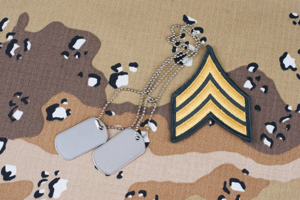 US ARMY Sergeant rank patch and dog tags on desert camouflage uniform
