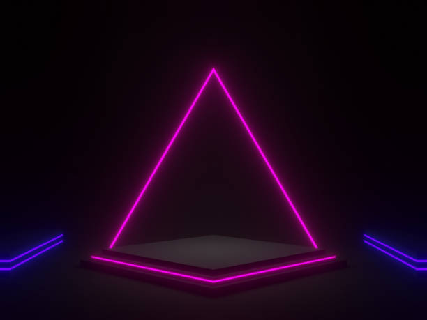 istock 3D   black geometric podium with blue and purple neon lights. 2191626580