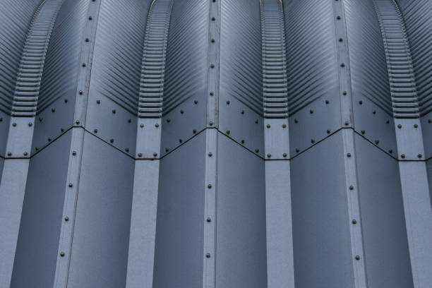 Detail of metal structure and geometric patterns on an aluminum storage shed. Art deco style.
