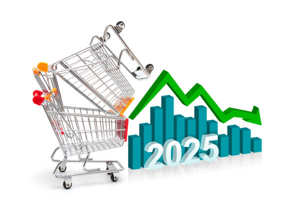 Empty shopping Cart with growth chart in 2025 isoalted on white background.