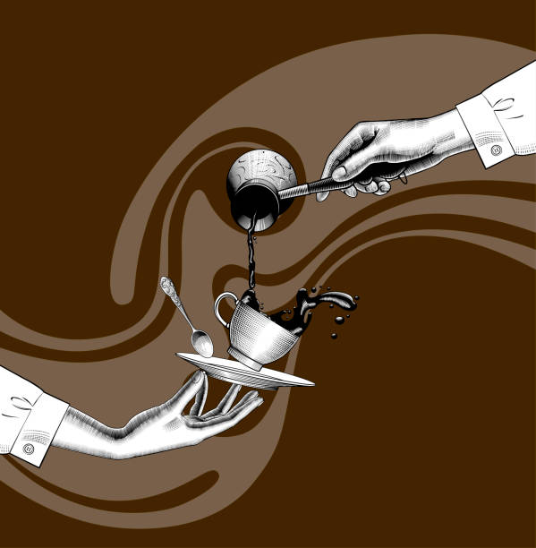 A woman's hand pours coffee, sprinkling it from a Turkish coffee maker, into a cup held by another hand, against a brown background of writhing lines. Drawing in engraving style. Vector illustration