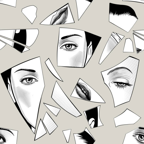 istock Seamless pattern on the background of fragments of a broken mirror with a reflection of women's eyes and lips 2191636383