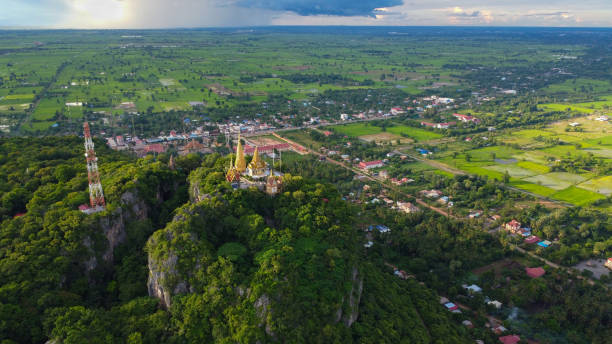 A buddhist temple on a mountain in Cambodia seen from above