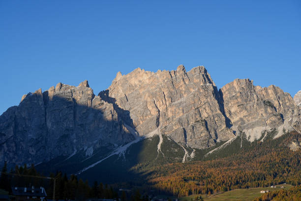Scenic view of towering mountains with snow peaks against clear sky. Vibrant autumn forest colors in the foreground.
