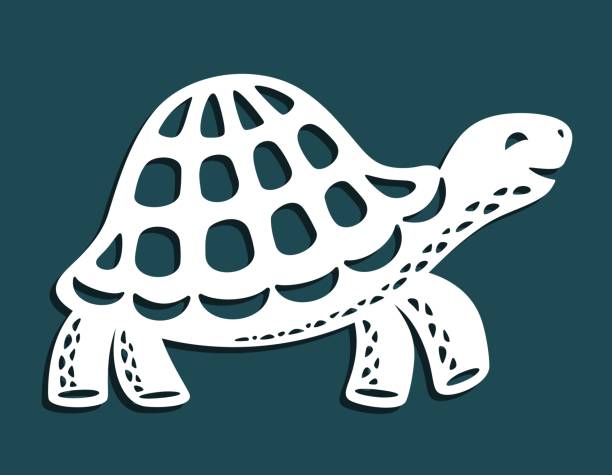 Cute cartoon turtle is walking. Side view. Smiling sea animal with a shell on four legs. Template for plotter laser cutting of paper, fretwork, wood carving, metal engraving, cnc. Vector illustration. wood turtle stock illustrations