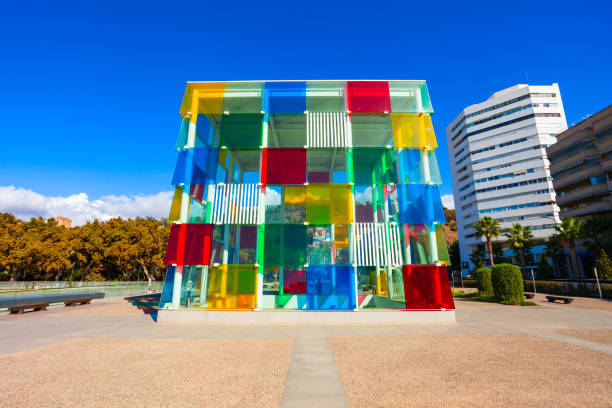 Malaga, Spain - September 10, 2023: Multicolored glass cube in contemporary art museum Pompidou Centre in Malaga. Spain,