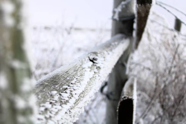 Frost covers just the side of the post as winter has settled in the Midwest