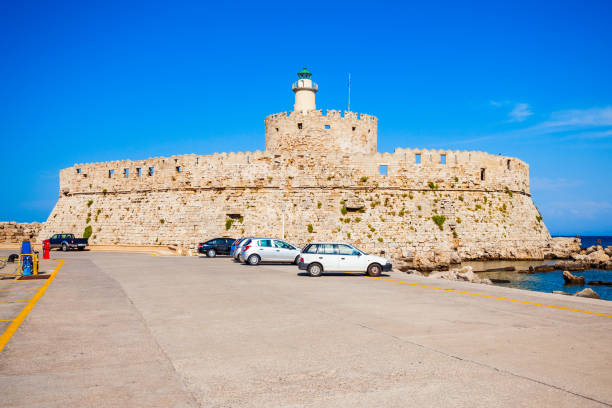 Saint Nicholas Fort guards the Mandraki harbour in Rhodes city, capital of Rhodes island in Greece