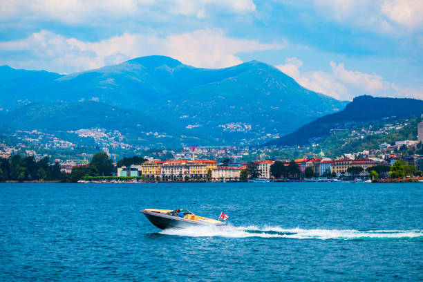 Lugano lake and Lugano city panoramic view in canton of Ticino in Switzerland