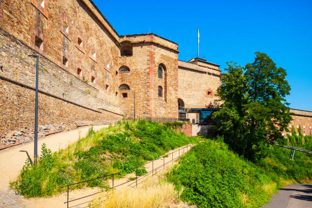 Ehrenbreitstein Fortress aerial panoramic view in Koblenz. Koblenz is city on Rhine, joined by Moselle river.
