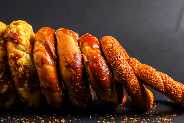 Baked goods arranged in a colorful display on a dark background