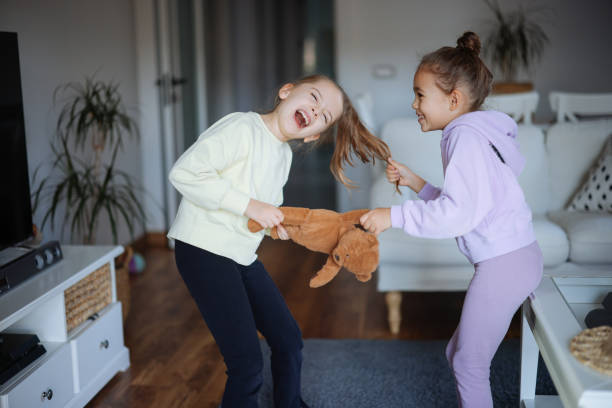 Kids are fighting over a toy. Conflict between sister