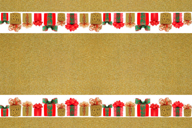 Seamless pattern of gift boxes on white background. New Year and Christmas seamless border.