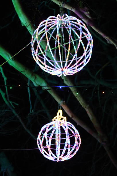 istock Christmas lights at night - large round multi coloured baubles hanging from a tree in a park 2191673569