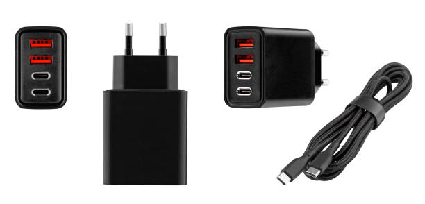 istock set power adapter, charging adapter with USB and Type-C connector on isolated and white background, 2191676620