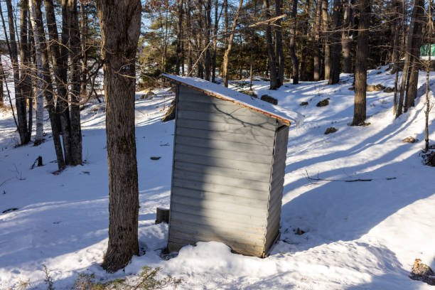 Outhouse in snowy woods of a nature preserve
