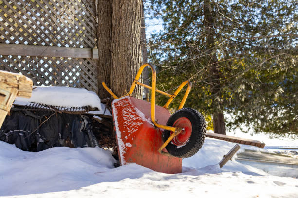 A vibrant red wheelbarrow resting on its side in a snow-covered backyard, surrounded by winter greenery, evoking rural tranquility and the seasonal charm of an outdoor setting in winter.