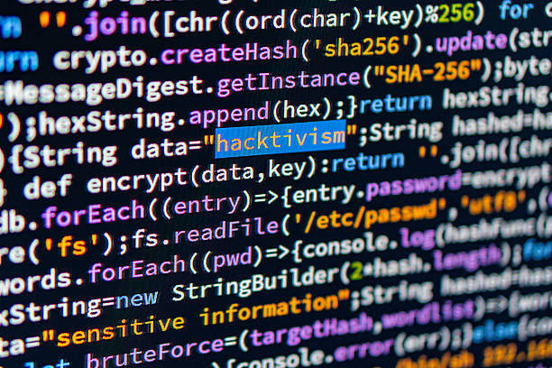 istock Hacktivism. Image of a close-up computer monitor screen displaying colorful, stylized code or data visualization related to cybersecurity or digital information security The text is small and complex 2191684869