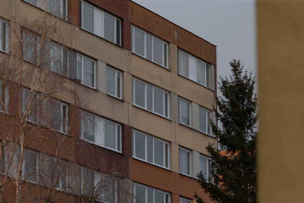 The apartments elegant facade is framed by lush trees, enhancing its stunning architectural design