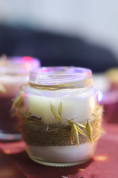 Small green candles and stones decoration