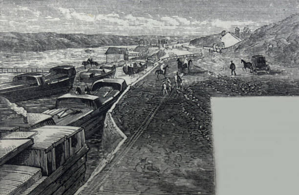 Antique illustration pre 1900 - Potomac and Canal - Georgetown - Washington DC - canal boats
