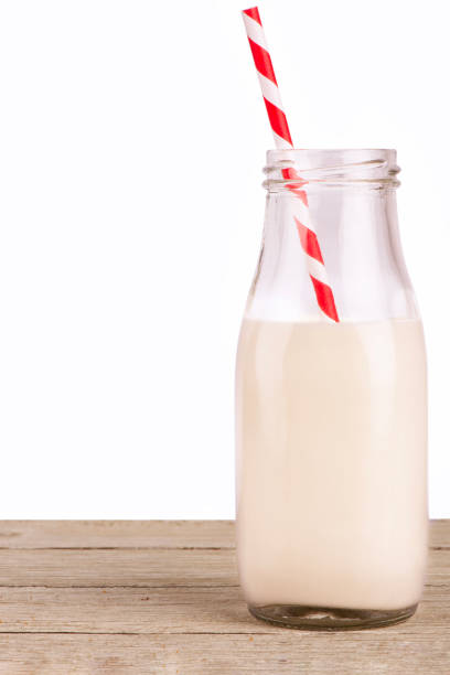 Vintage bottle of milk isolated on white background. Copy space on the left side and cut out.