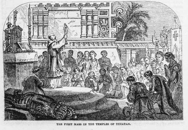 Illustration from Harpers New Monthly Magazine December 1855 - May 1856  - The first mass in the temples of Yucatan, Mexico was celebrated during Cortez's conquest of Mexico. It was held on the island of Cozumel by Father Juan Diaz, chaplain of the expedition headed by Captain Juan de Grijalva, on May 6, 1518