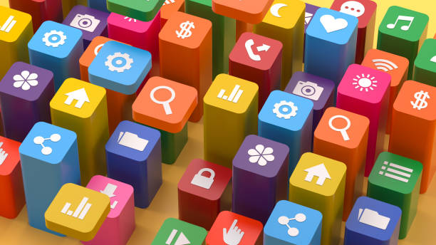 Colorful 3D app icons, isometric view, vibrant cube shapes, social media symbols, technology icons, mobile application interface, diverse color palette, minimalist design, digital ecosystem, graphic user interface elements, clean white icons, soft shadows, yellow background, high contrast, smartphone functionality representation, modern tech aesthetic