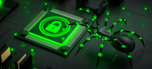 Cybersecurity concept, glowing green microchip with lock icon, digital spider, circuit board background, neon green accents, futuristic technology, cyber threat visualization, 3D render, high detail, dark atmosphere, technological landscape, computer security metaphor, digital art, hyper-realistic, dramatic lighting