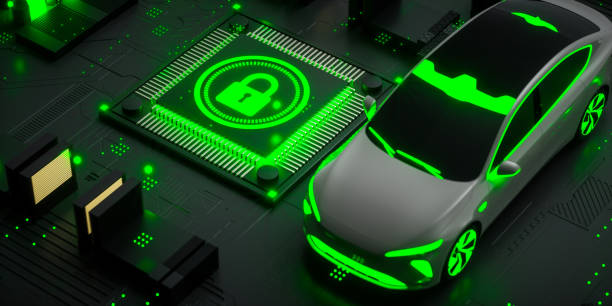 Futuristic car on circuit board, glowing green lock icon, digital security concept, high-tech microchip, neon green accents, dark background, 3D render, isometric view, secure connected vehicles, digital transformation, hyper-realistic, cinematic lighting