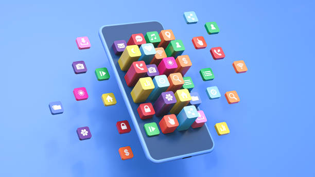 istock 3D render, smartphone, colorful app icons floating, isometric perspective, minimalist design, vibrant colors, blue background, technology concept, social media apps, mobile applications, clean aesthetic, app store visualization 2191708971