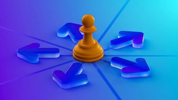 istock 3D render, chess pawn, strategic decisions, blue arrows, gradient background, leadership metaphor, crossroads, decision making, vibrant colors, glossy surfaces, minimalist design, abstract composition. 2191709019