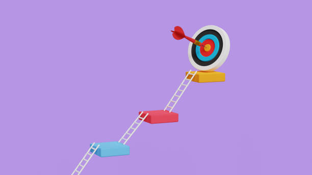 istock Small steps to success, step by step growth. Business goals, progress, improvement, vision, strategy, achievements, objectives. 3D bars steps with ladders reaching the archery target. 3D illustration 2191722438