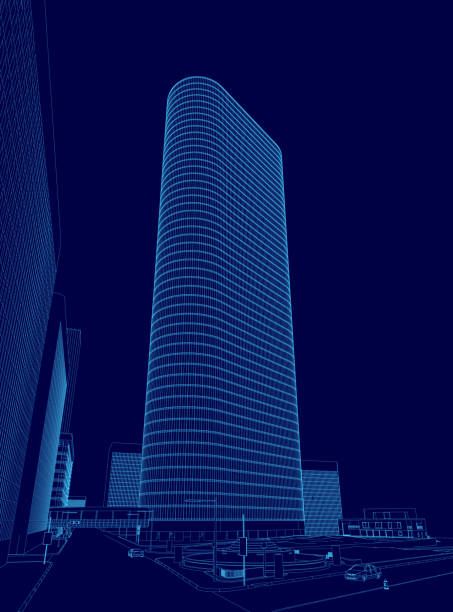 istock Tall building with a blue sky background. The building is lit up with lights. The sky is dark and the lights on the building are shining brightly 2191722809