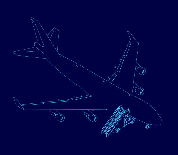 istock Blue airplane with a tail and steps. The airplane is on the ground and has a ramp leading up to it 2191722952
