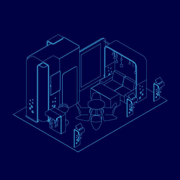 istock Blue drawing of a room with a table and chairs. The room is empty and has a modern design 2191723241