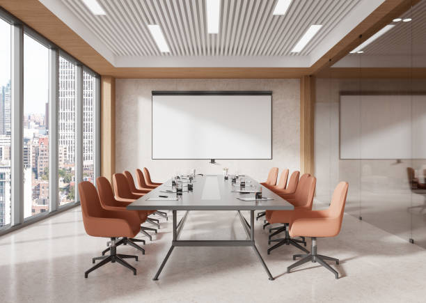 istock Stylish office room interior with board and projection screen, panoramic window 2191723432