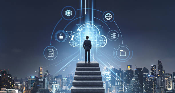 istock Man standing before digital cloud technology in Bangkok cityscap 2191723517