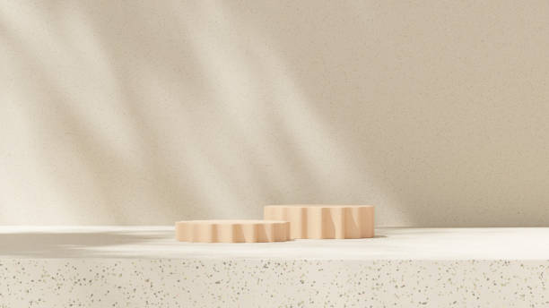 istock Background featuring an empty product display mockup with a beige backdrop and abstract geometric platforms designed for showcasing merchandise in landscape orientation. 2191723582