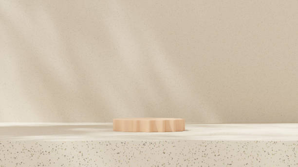 istock Background featuring an empty product display mockup with a beige backdrop and abstract geometric platforms designed for showcasing merchandise in landscape orientation. 2191723590