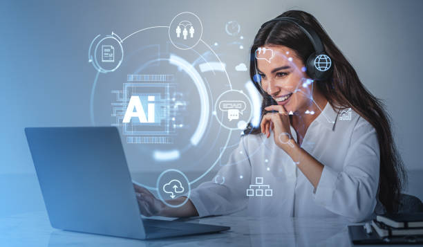 istock Businesswoman using tablet, AI hologram, chat bot and machine learning 2191724072